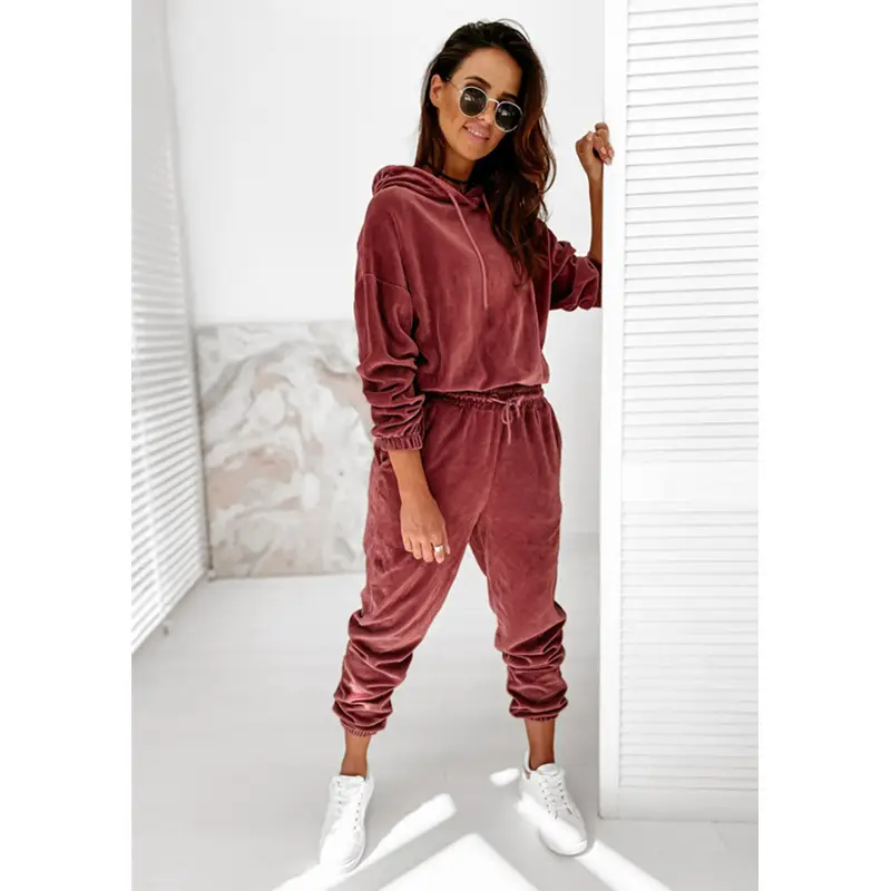 Women Velvet Hooded Sweatpants Set Green Winter Casual - Image 5