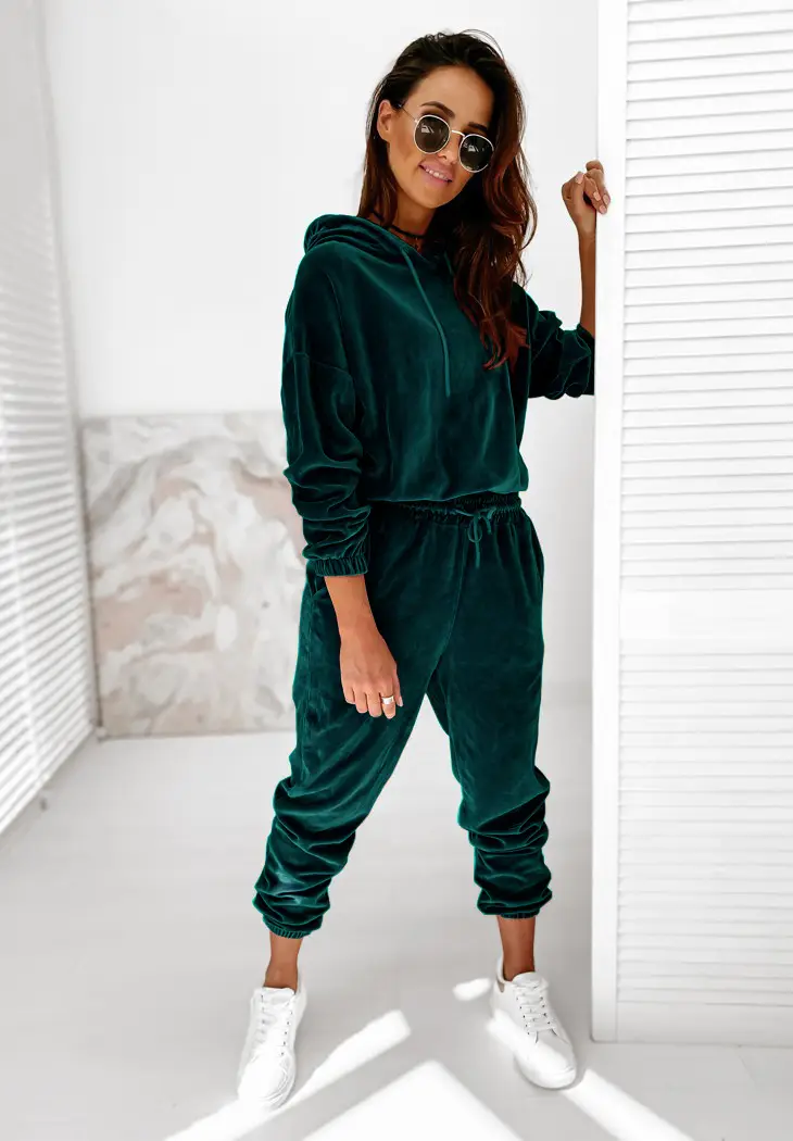 Women Velvet Hooded Sweatpants Set Green Winter Casual - Image 6