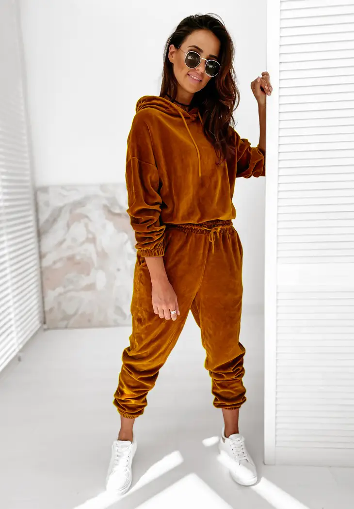 Women Velvet Hooded Sweatpants Set Green Winter Casual - Image 9