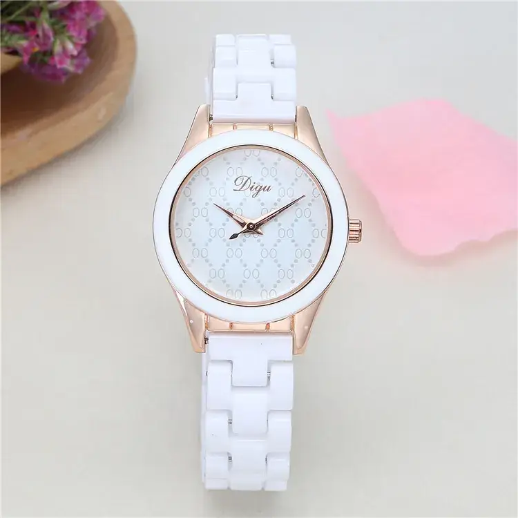 Women's White Ceramic Quartz Watch with Diamond Studded Strap - Image 2