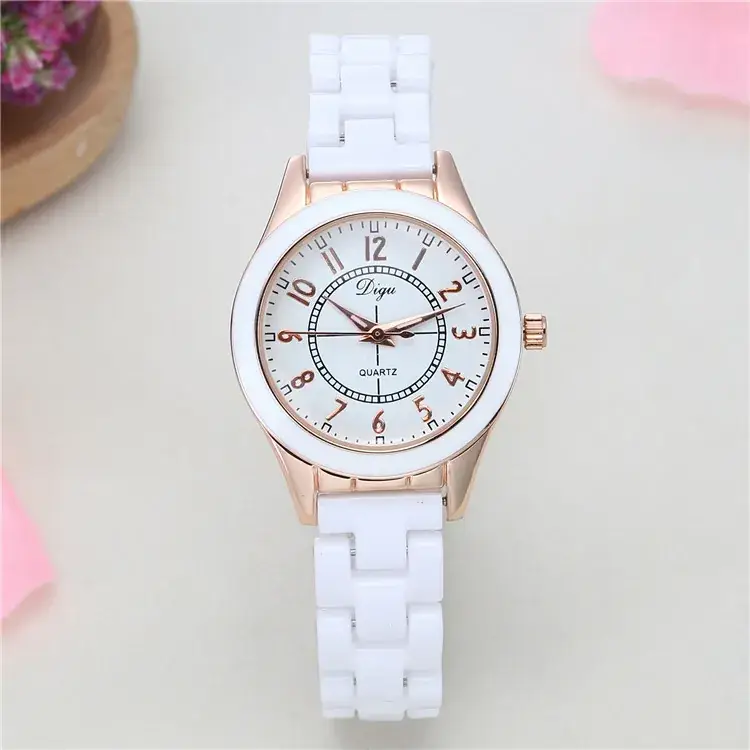 Women's White Ceramic Quartz Watch with Diamond Studded Strap - Image 3