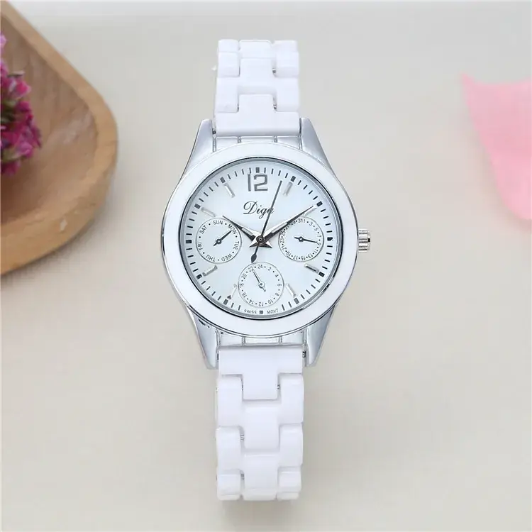 Women's White Ceramic Quartz Watch with Diamond Studded Strap - Image 4