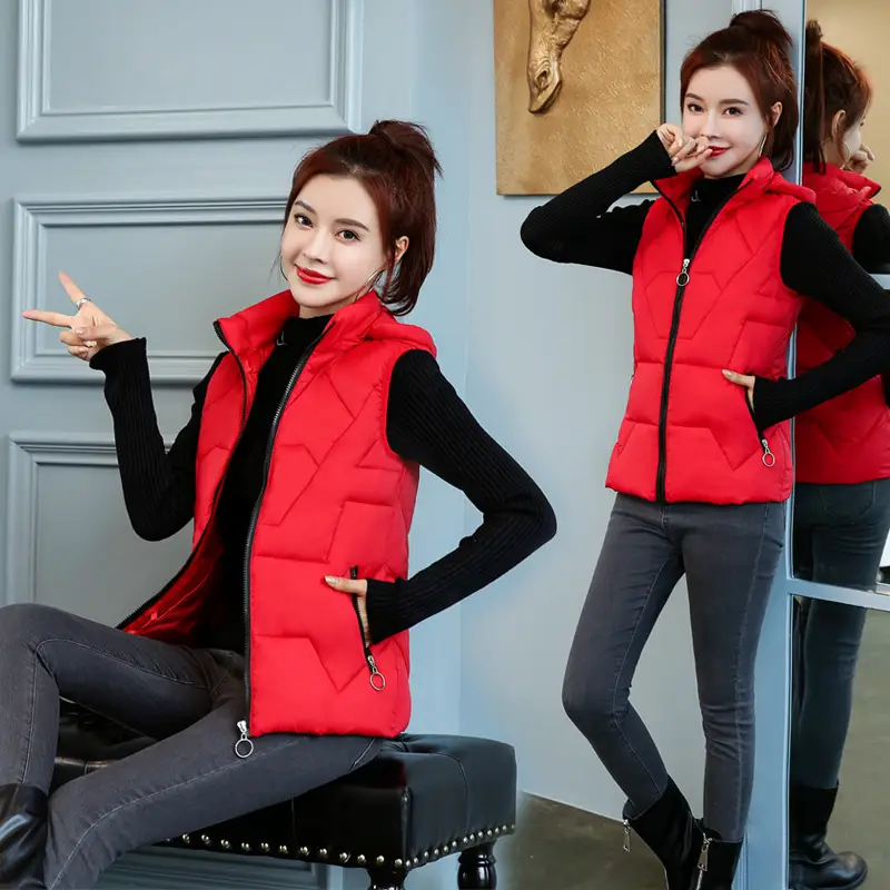 Women Red Hooded Vest Down Cotton Large Size