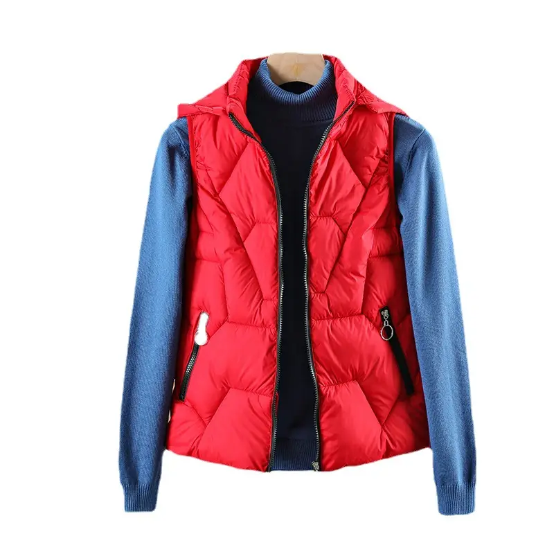 Women Red Hooded Vest Down Cotton Large Size
