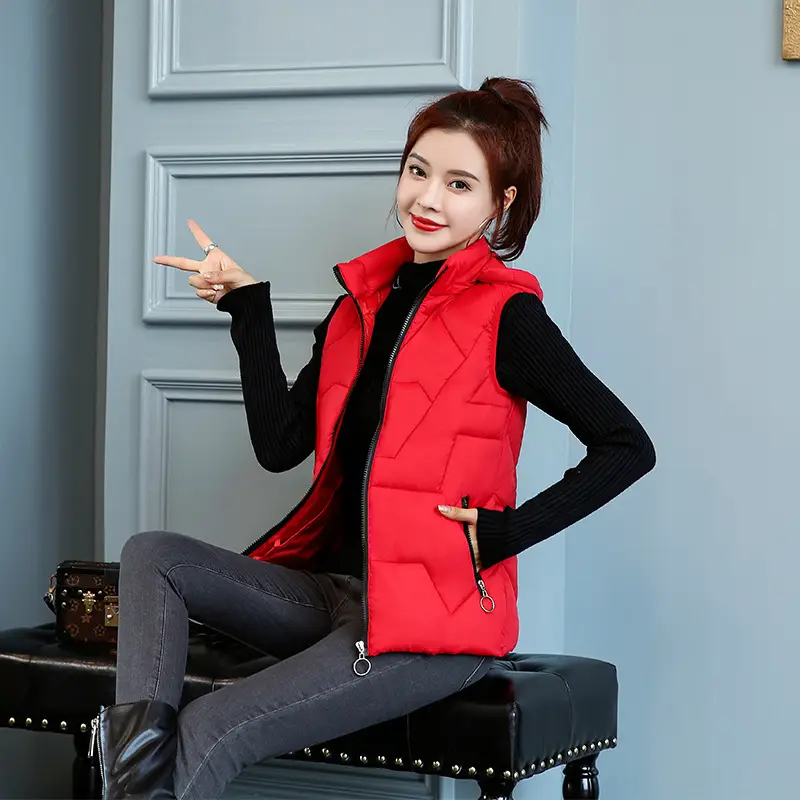 Women Red Hooded Vest Down Cotton Large Size