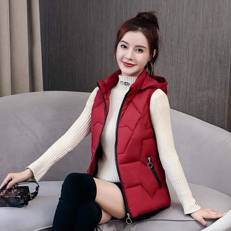 Women Red Hooded Vest Down Cotton Large Size