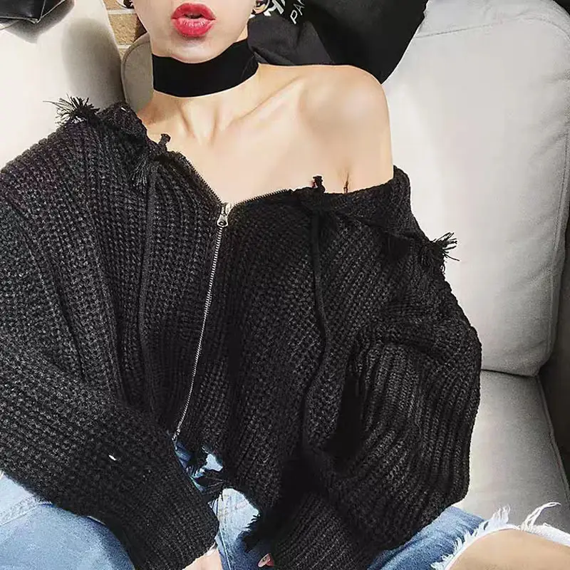 Black Zipper Hooded Knitwear Jacket for Women