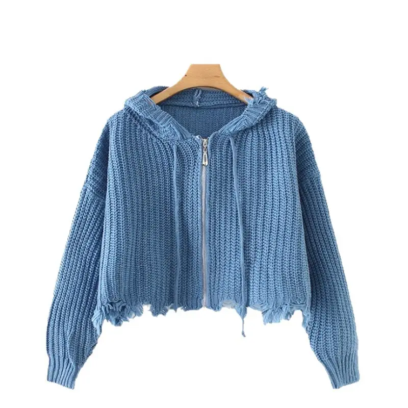 Black Zipper Hooded Knitwear Jacket for Women