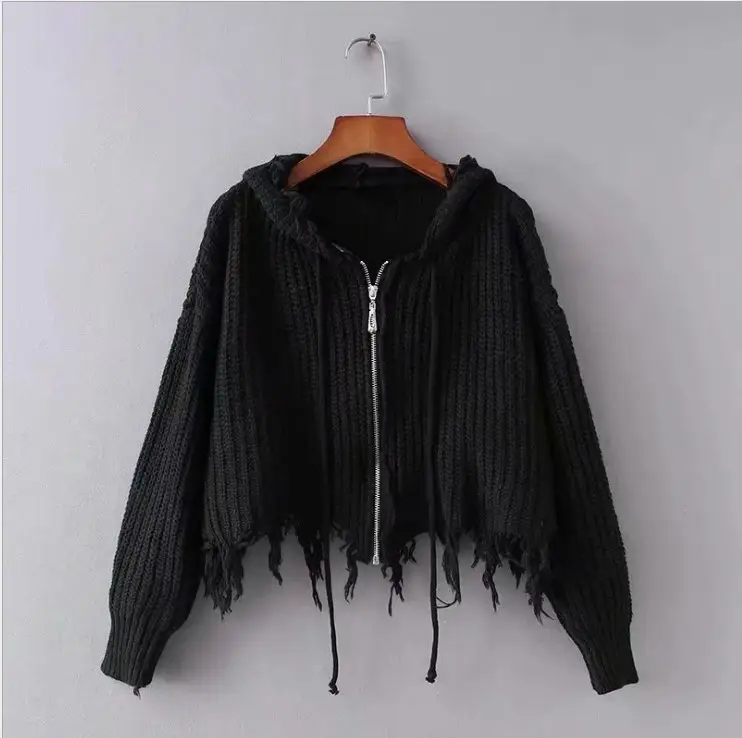 Black Zipper Hooded Knitwear Jacket for Women — feature 13