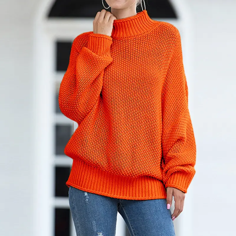 Women's Navy Knit Pullover Sweater with Rolled Collar - Image 17