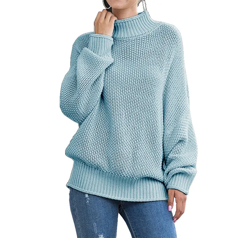 Women's Navy Knit Pullover Sweater with Rolled Collar - Image 10
