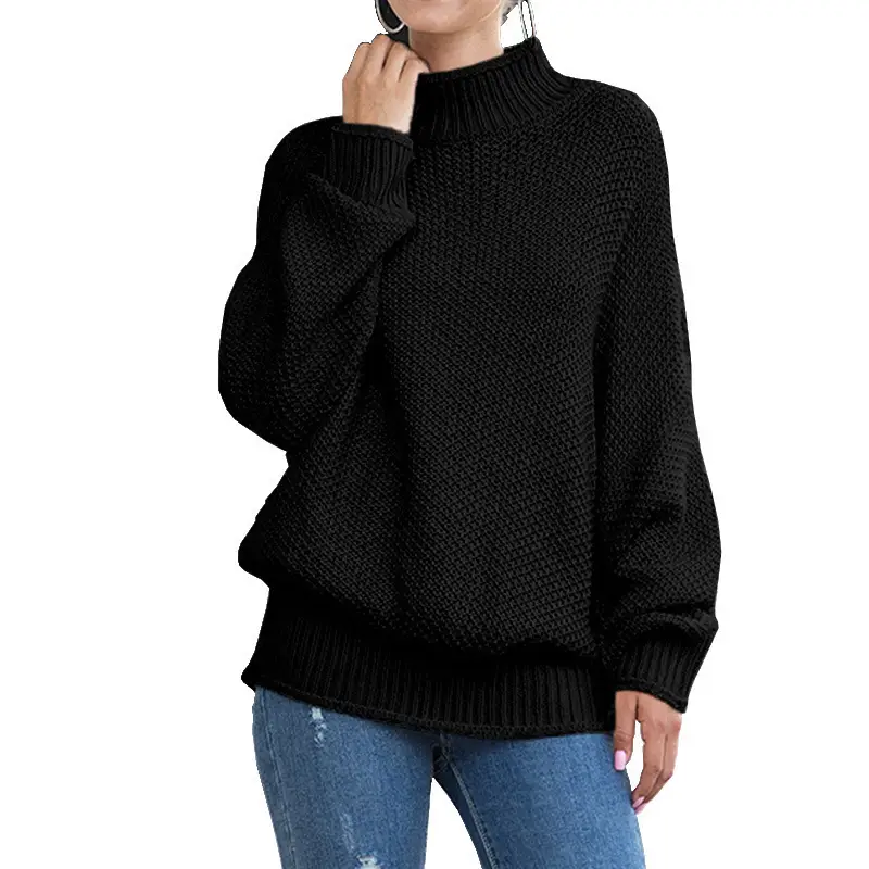 Women's Navy Knit Pullover Sweater with Rolled Collar - Image 6