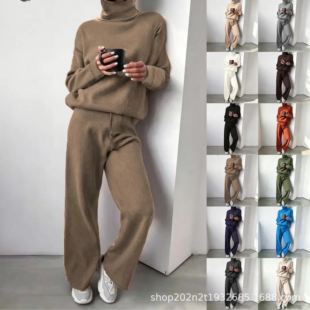 Fashion Set 2026 Autumn and Winter Cross-Border Amazon European and American High-Neck Solid Color Patchwork Knit Two-Piece Set