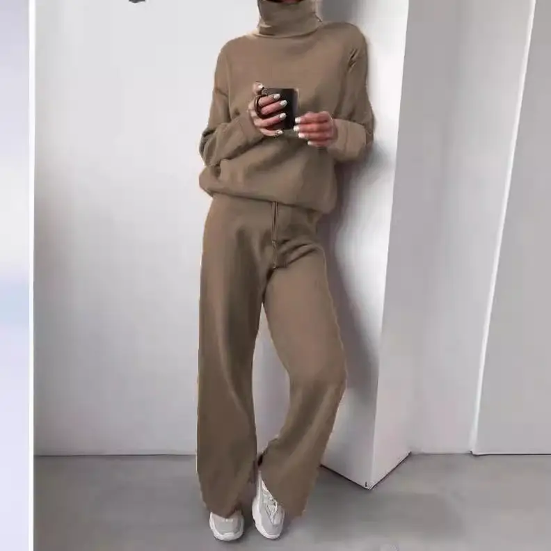 Fashion Set 2026 Autumn and Winter Cross-Border Amazon European and American High-Neck Solid Color Patchwork Knit Two-Piece Set
