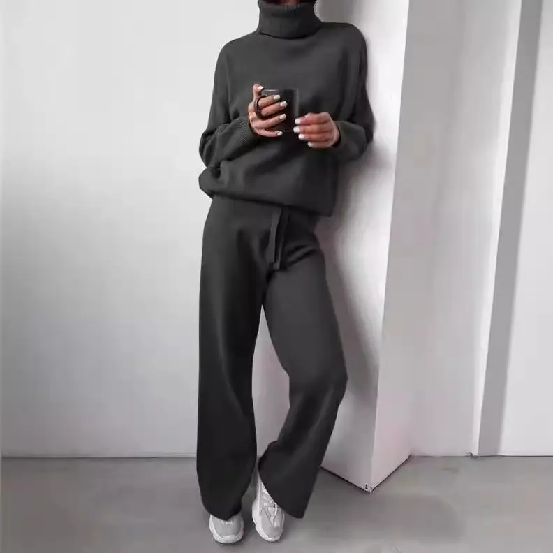 Fashion Set 2026 Autumn and Winter Cross-Border Amazon European and American High-Neck Solid Color Patchwork Knit Two-Piece Set