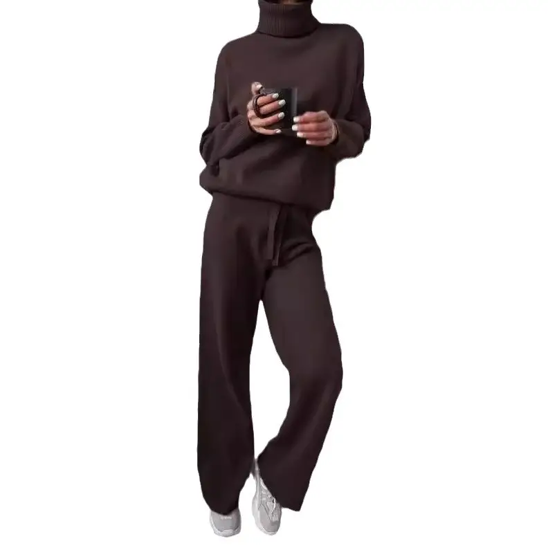 Fashion Set 2026 Autumn and Winter Cross-Border Amazon European and American High-Neck Solid Color Patchwork Knit Two-Piece Set