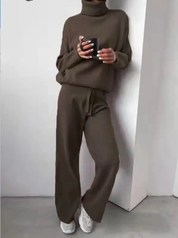 Fashion Set 2026 Autumn and Winter Cross-Border Amazon European and American High-Neck Solid Color Patchwork Knit Two-Piece Set — feature 11