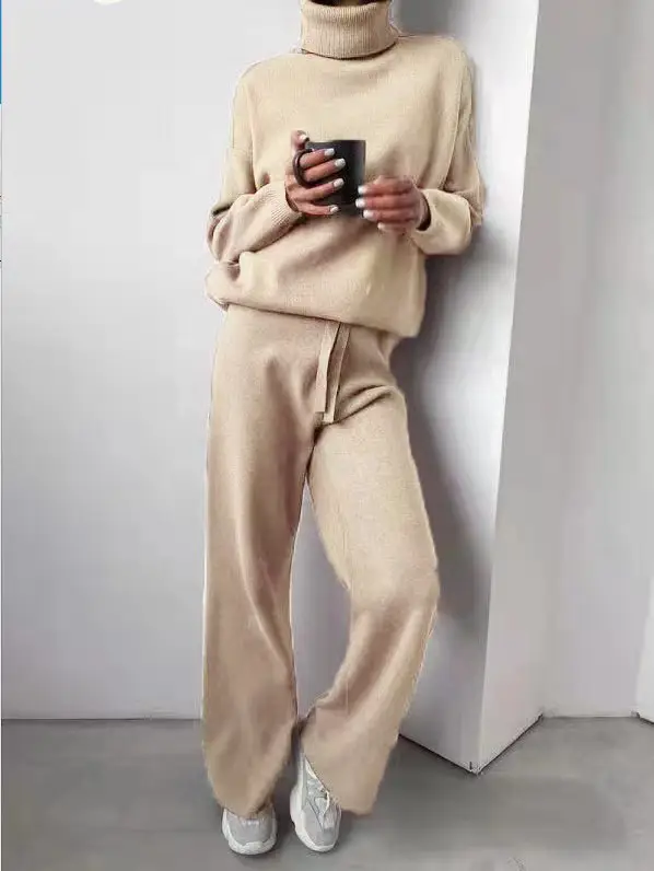 Fashion Set 2026 Autumn and Winter Cross-Border Amazon European and American High-Neck Solid Color Patchwork Knit Two-Piece Set — feature 13
