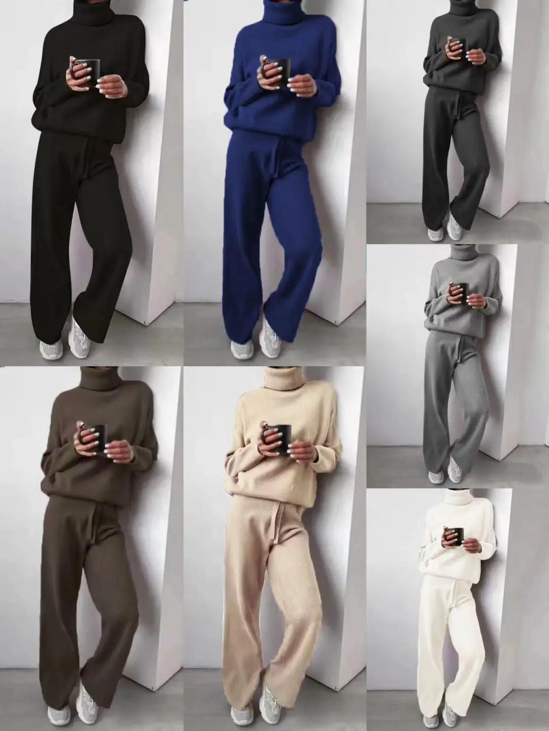 Fashion Set 2026 Autumn and Winter Cross-Border Amazon European and American High-Neck Solid Color Patchwork Knit Two-Piece Set — feature 3