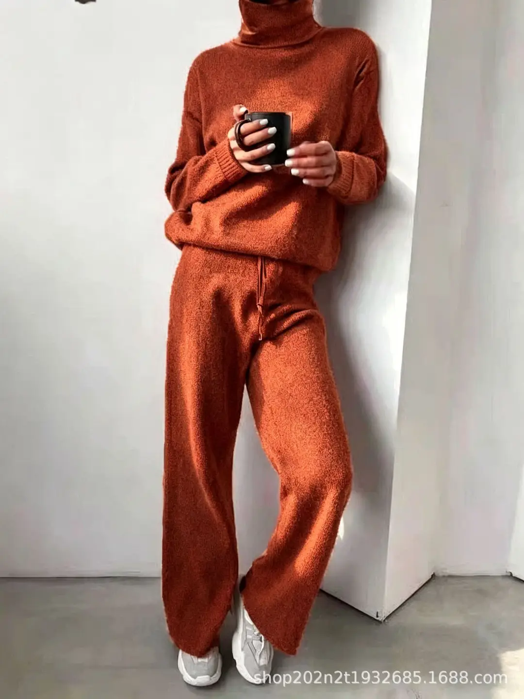 Fashion Set 2026 Autumn and Winter Cross-Border Amazon European and American High-Neck Solid Color Patchwork Knit Two-Piece Set