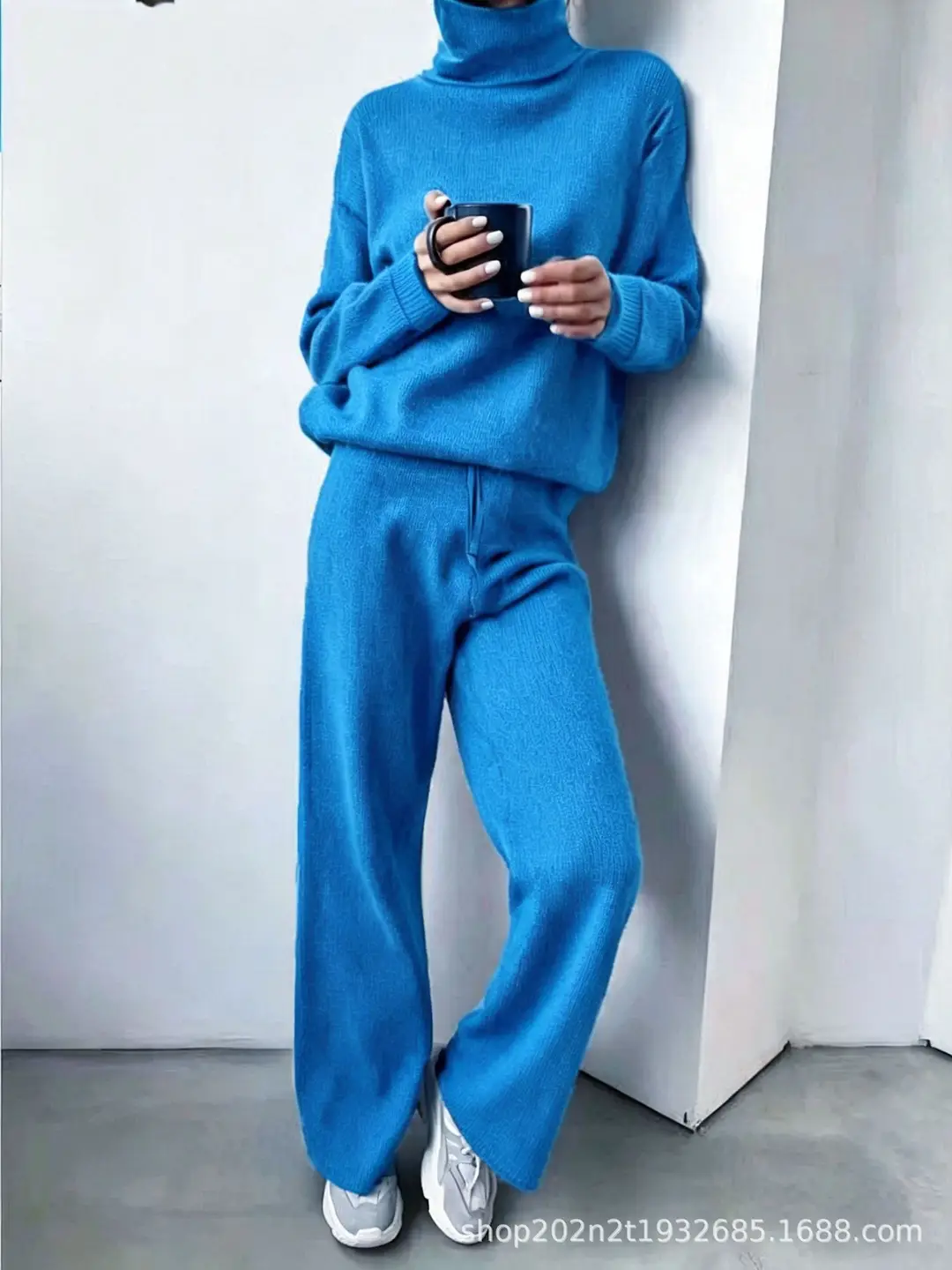 Fashion Set 2026 Autumn and Winter Cross-Border Amazon European and American High-Neck Solid Color Patchwork Knit Two-Piece Set