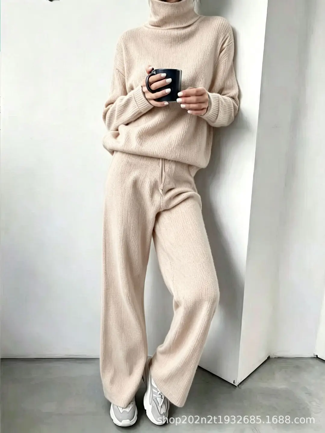Fashion Set 2026 Autumn and Winter Cross-Border Amazon European and American High-Neck Solid Color Patchwork Knit Two-Piece Set