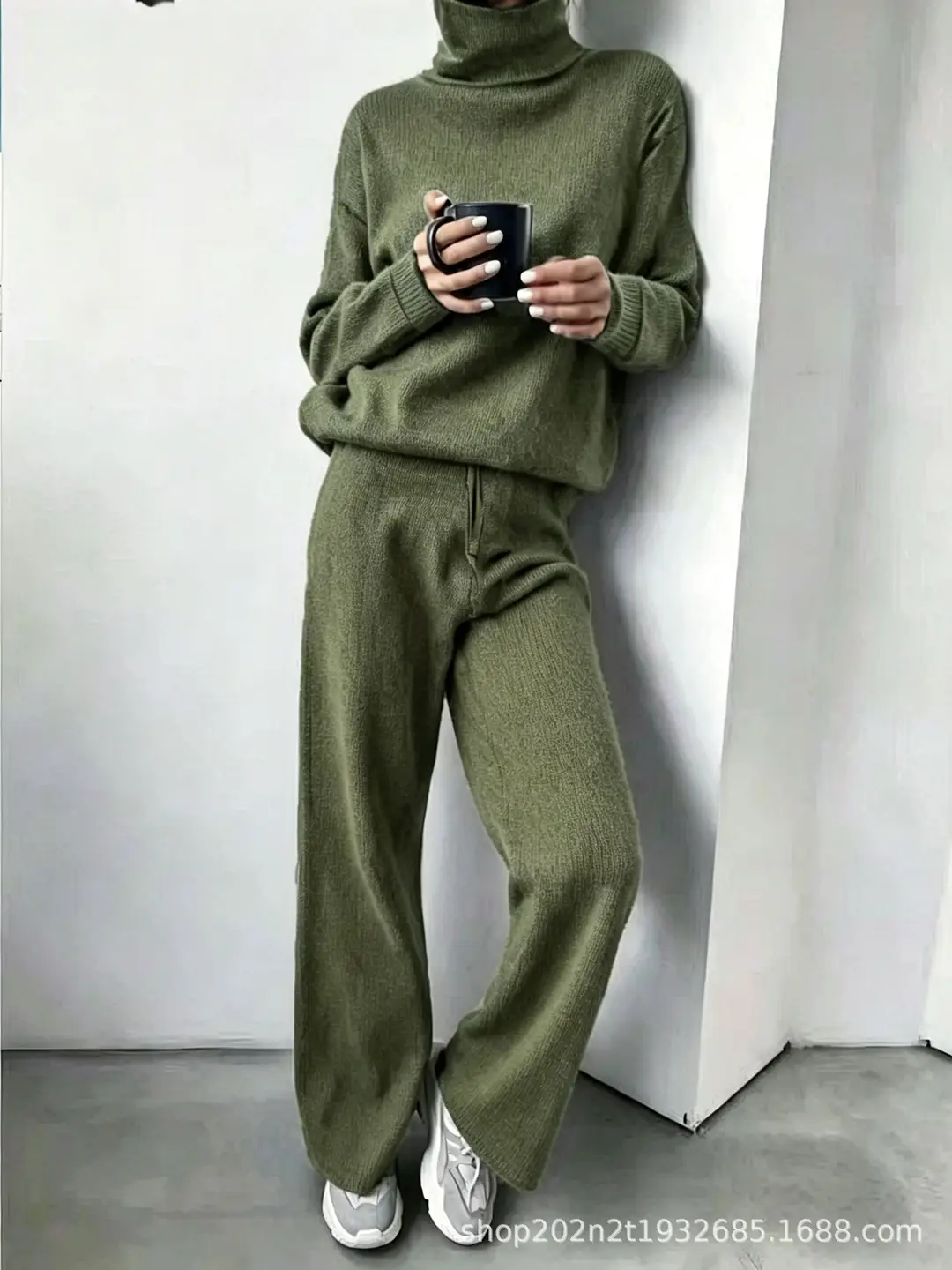 Fashion Set 2026 Autumn and Winter Cross-Border Amazon European and American High-Neck Solid Color Patchwork Knit Two-Piece Set