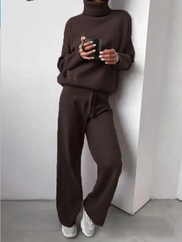 Fashion Set 2026 Autumn and Winter Cross-Border Amazon European and American High-Neck Solid Color Patchwork Knit Two-Piece Set