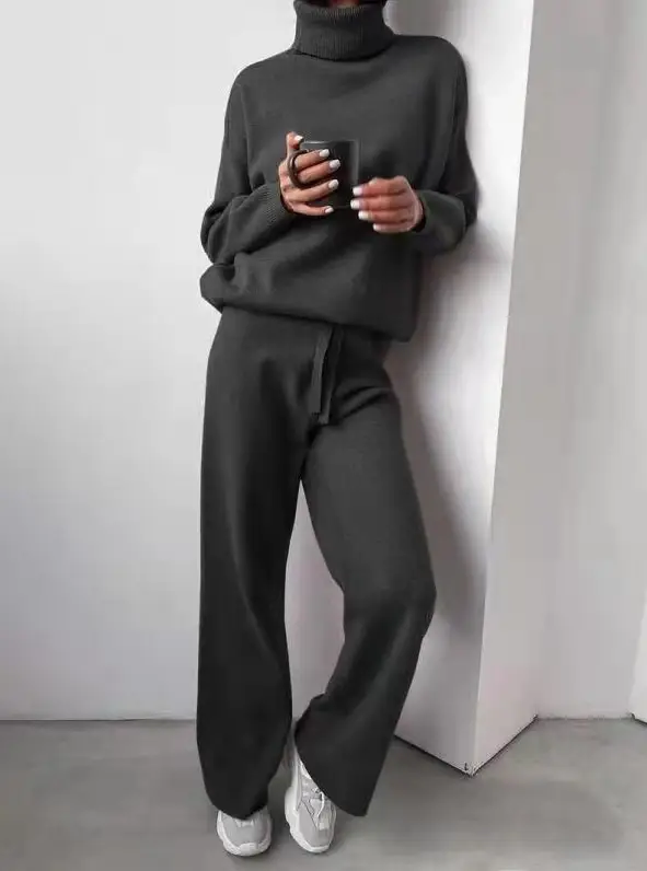 Fashion Set 2026 Autumn and Winter Cross-Border Amazon European and American High-Neck Solid Color Patchwork Knit Two-Piece Set