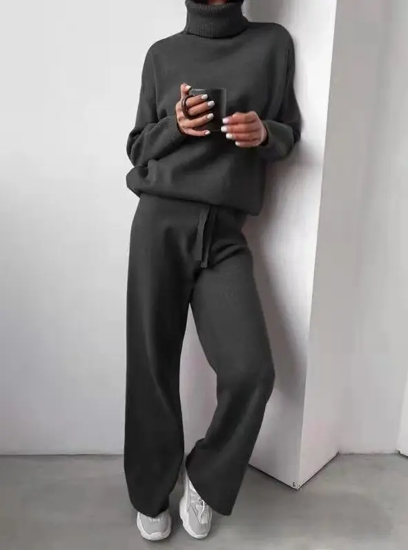 Fashion Set 2026 Autumn and Winter Cross-Border Amazon European and American High-Neck Solid Color Patchwork Knit Two-Piece Set