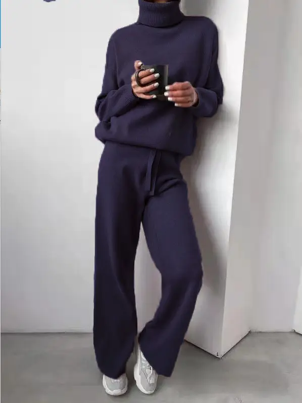 Fashion Set 2026 Autumn and Winter Cross-Border Amazon European and American High-Neck Solid Color Patchwork Knit Two-Piece Set