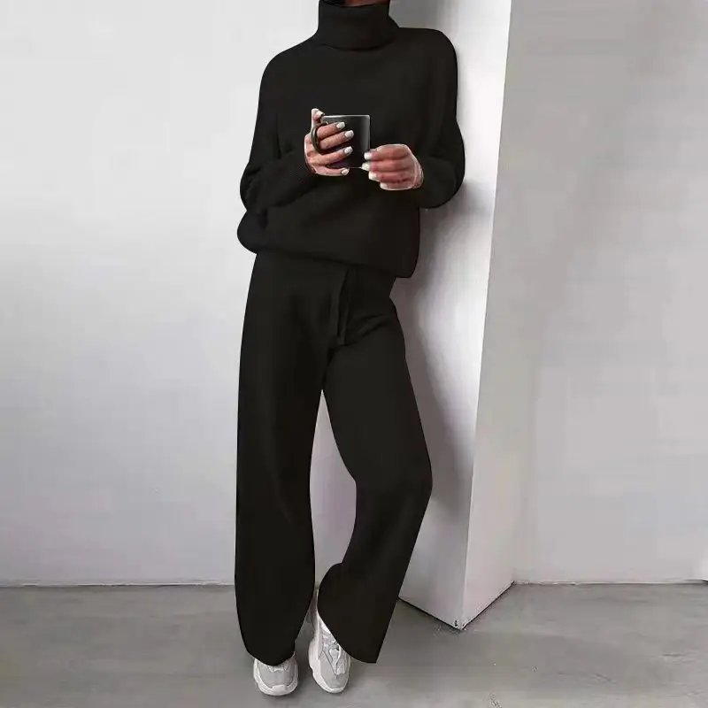 Fashion Set 2026 Autumn and Winter Cross-Border Amazon European and American High-Neck Solid Color Patchwork Knit Two-Piece Set