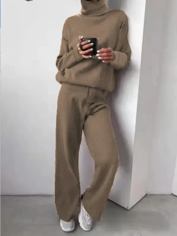 Fashion Set 2026 Autumn and Winter Cross-Border Amazon European and American High-Neck Solid Color Patchwork Knit Two-Piece Set