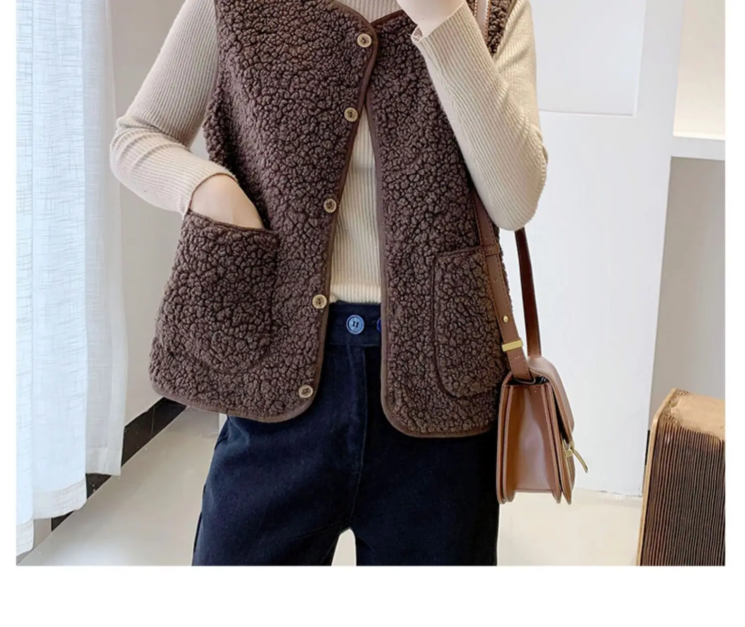 Women Faux Fur Crossbody Vest 2023 Winter Beige — feature 14