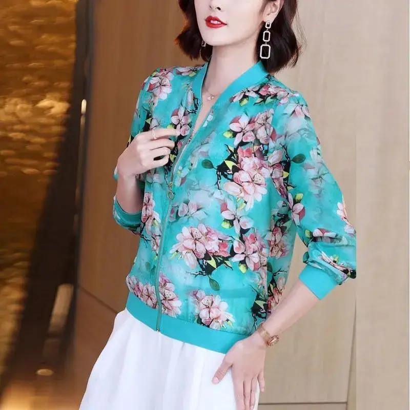 Women Floral Chiffon Sun Protective Long Sleeve Zipper Coat - Image 5
