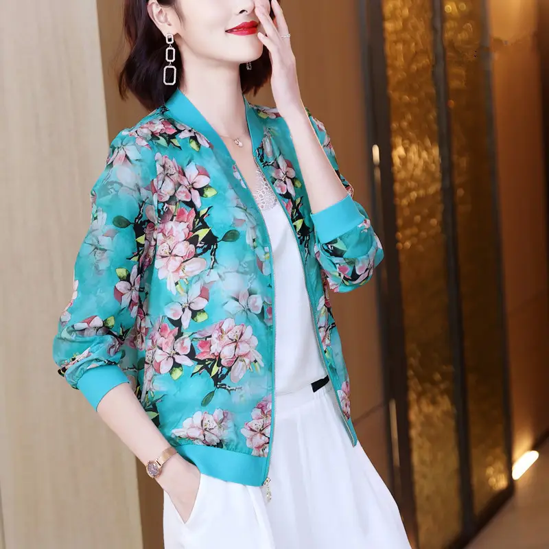 Women Floral Chiffon Sun Protective Long Sleeve Zipper Coat - Image 6