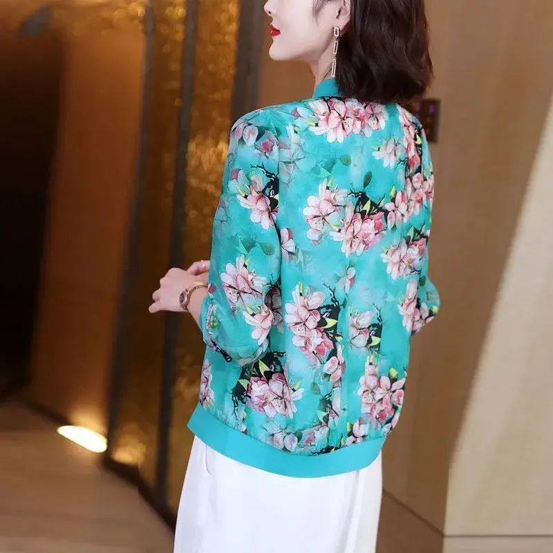 Women Floral Chiffon Sun Protective Long Sleeve Zipper Coat - Image 7
