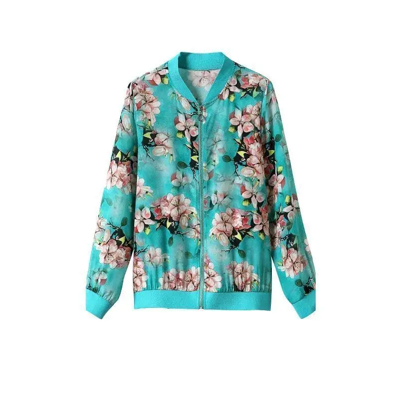Women Floral Chiffon Sun Protective Long Sleeve Zipper Coat - Image 8