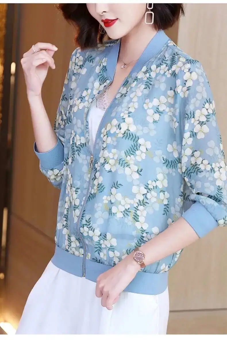 Women Floral Chiffon Sun Protective Long Sleeve Zipper Coat — feature 13