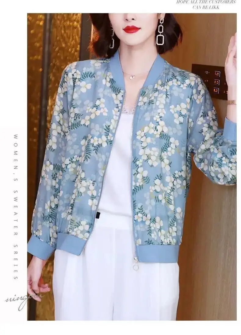 Women Floral Chiffon Sun Protective Long Sleeve Zipper Coat — feature 14