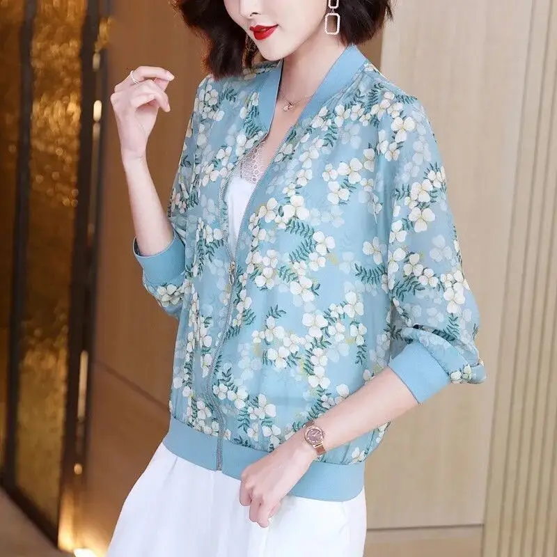 Women Floral Chiffon Sun Protective Long Sleeve Zipper Coat — feature 16