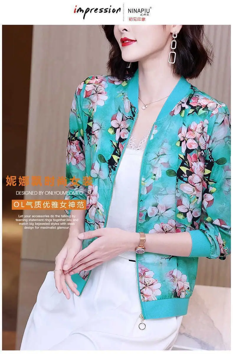 Women Floral Chiffon Sun Protective Long Sleeve Zipper Coat — feature 2