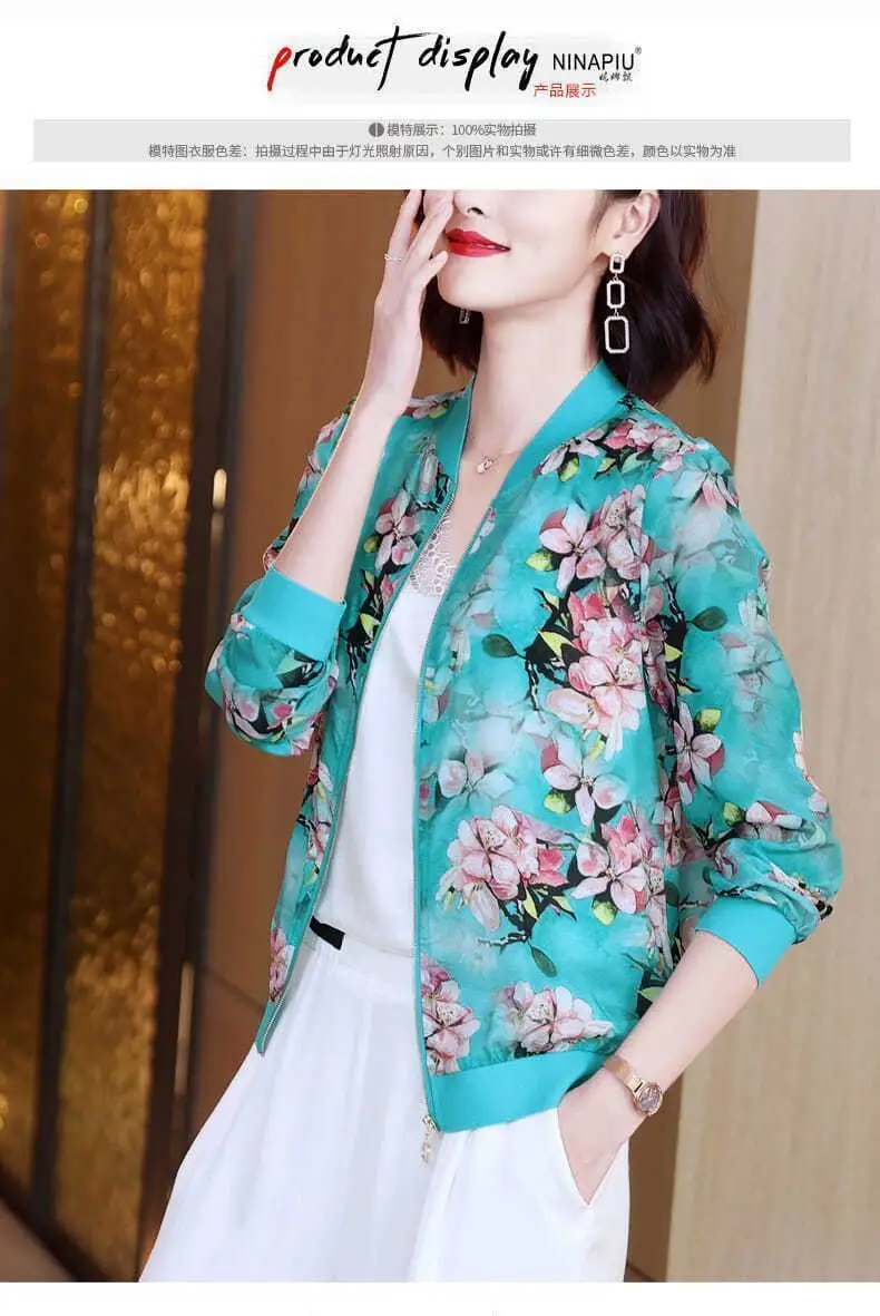 Women Floral Chiffon Sun Protective Long Sleeve Zipper Coat — feature 5