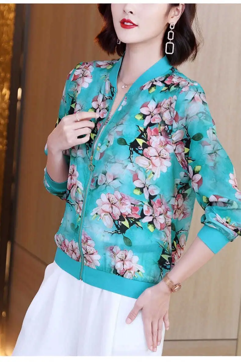 Women Floral Chiffon Sun Protective Long Sleeve Zipper Coat — feature 6