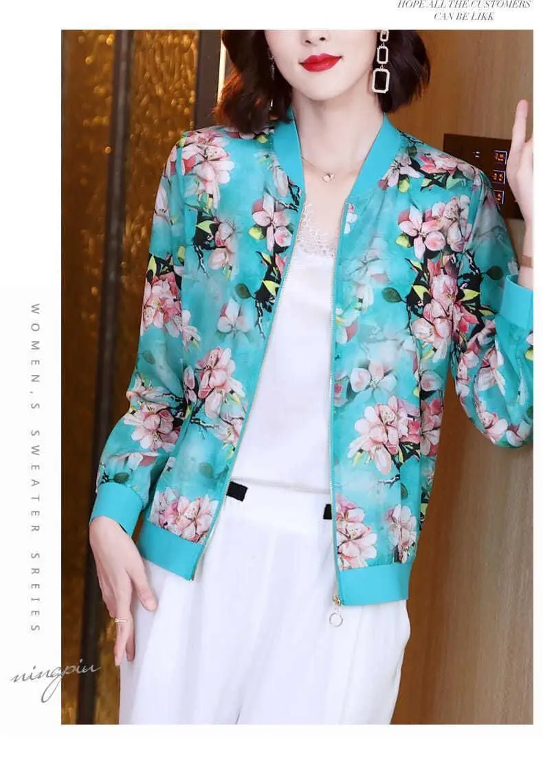 Women Floral Chiffon Sun Protective Long Sleeve Zipper Coat — feature 7