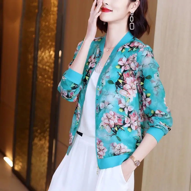 Women Floral Chiffon Sun Protective Long Sleeve Zipper Coat — feature 9
