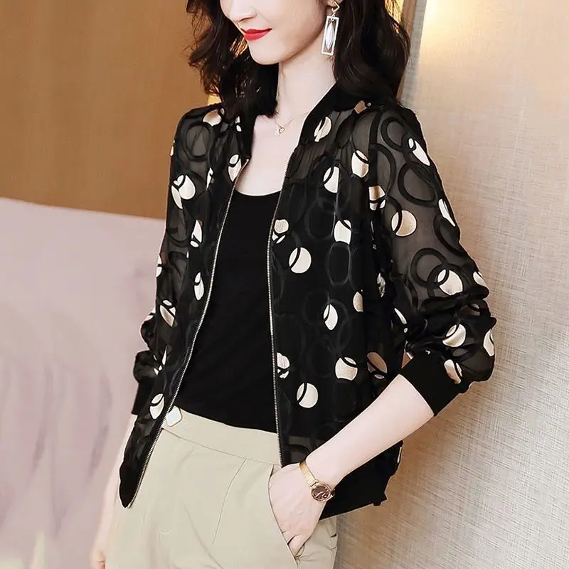 Women Floral Chiffon Sun Protective Long Sleeve Zipper Coat - Image 3