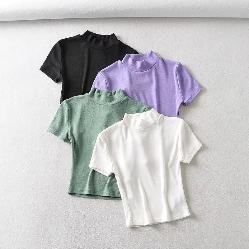 Women's Light Grey Navel Collar T-Shirt Short Sleeve - Image 12