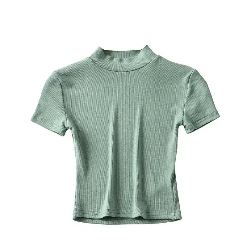 Women's Light Grey Navel Collar T-Shirt Short Sleeve - Image 2