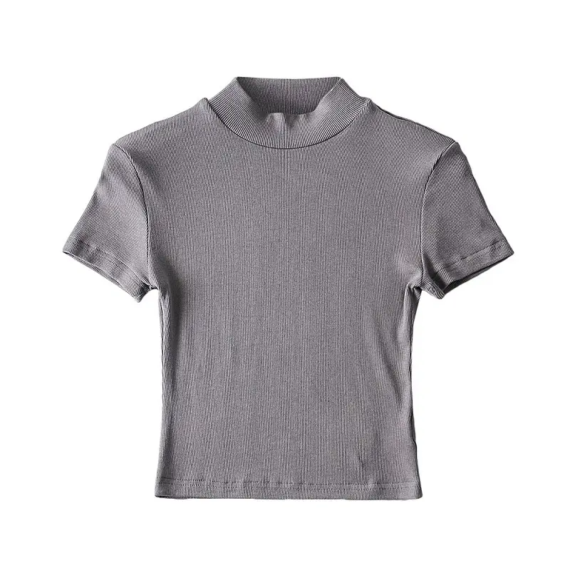 Women's Light Grey Navel Collar T-Shirt Short Sleeve - Image 5